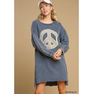 "The Dara" Denim Blue Dress Peace Lace Applique French Terry